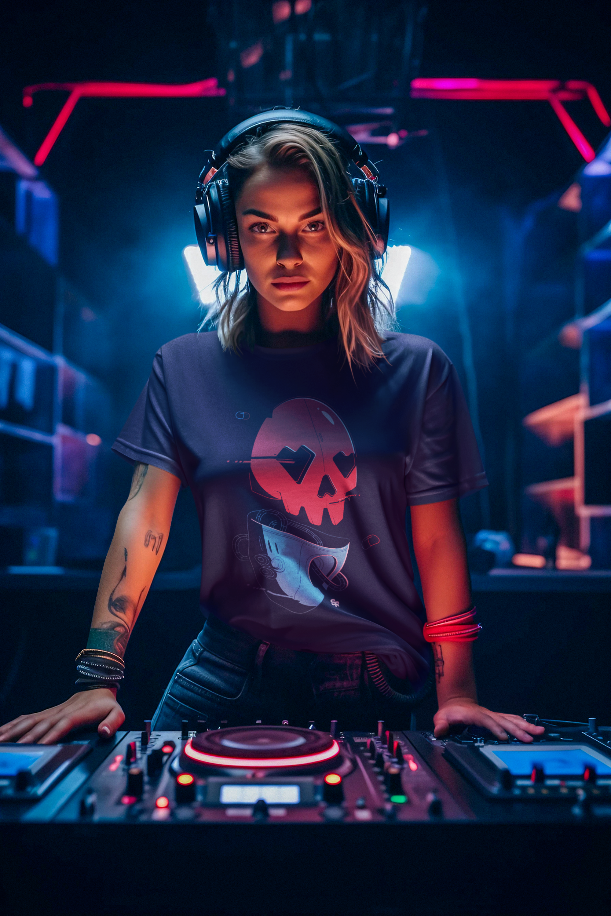 Woman DJ wearing Skull Robot Shirt