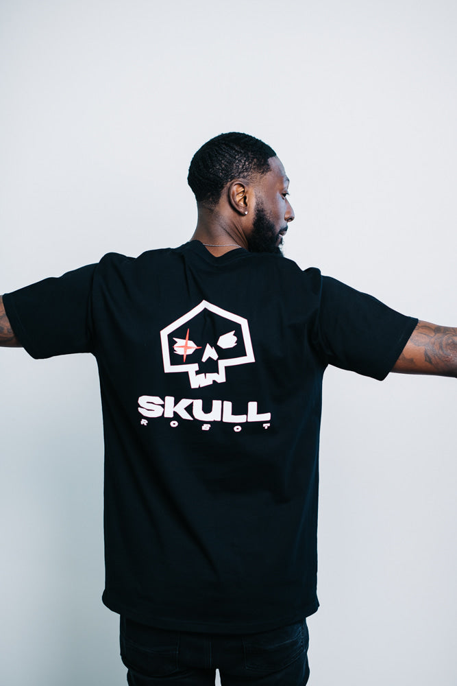 back of skullrobot logo black shirt