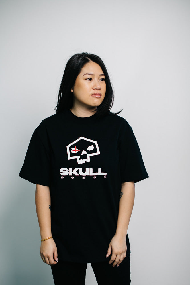 woman wearing oversized skullrobot shirt in black