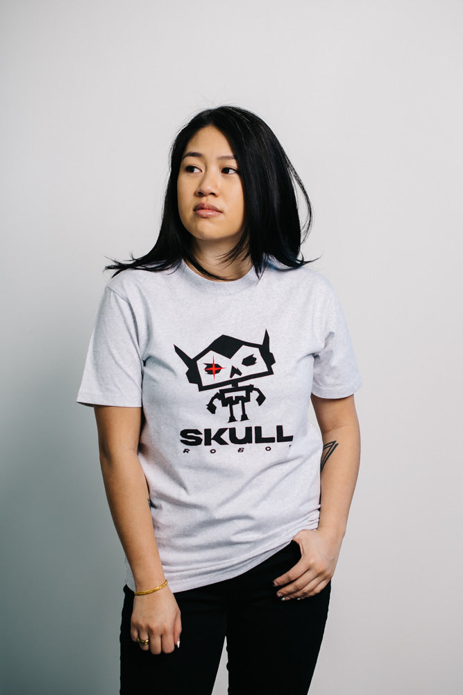 Woman wearing skull robot gray shirt