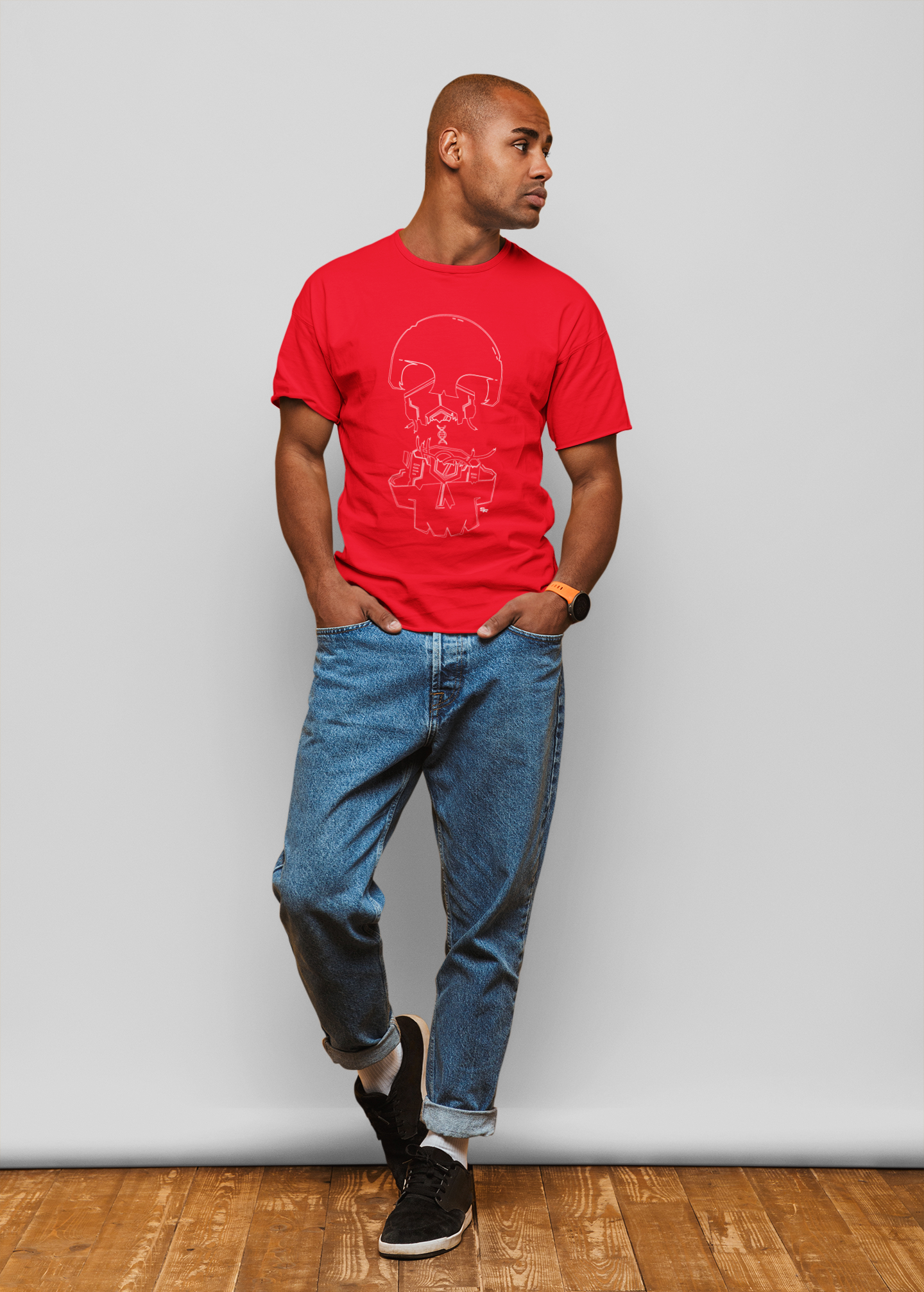 man wearing red skull robot shirt